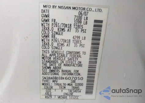 2008 Nissan Armada Se z USA, uszkodzony, nr VIN 5N1BA08D38N607050